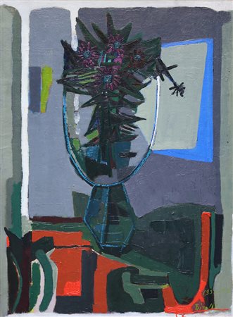 BIROLLI RENATO (1905 - 1959) Vaso e finestra. Olio su tela . Cm 60,00 x...
