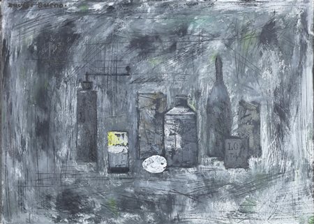 BUENO XAVIER (1915 - 1979) Natura morta con bottiglie e uovo. 1960. Olio su...