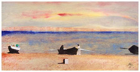 SALVATORE MAGAZZINI Pistoia 1955 Pescatori sul Nilo Olio su tavola 25 x 50....