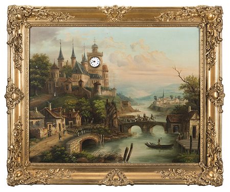 ANONIMOOrologio inserito in dipinto su tavola raffigurante un paesaggioEpoca...