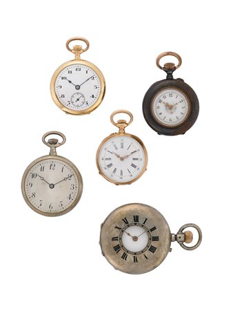 Lotto composto da cinque orologi da tasca da donna di diverse misure e...