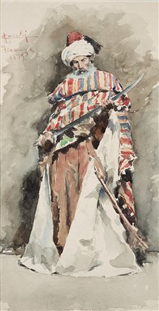 Adriano Cecchi (Prato 1850 - 1936)"Sceicco con scimitarra" 1879acquerello (cm...
