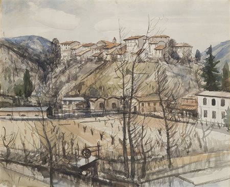 Domenico De Bernardi (Besozzo 1892 - 1963)"Scorcio di paese" 1933acquerello...