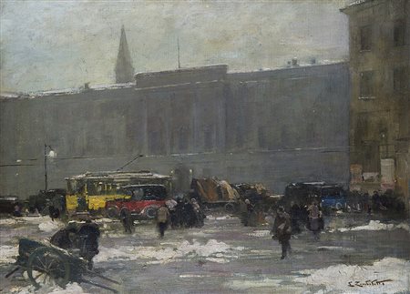 Lodovico Zambeletti (Milano 1881 - 1966)"Piazza Fontana"olio su cartone...
