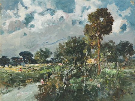 Romolo Leone (Napoli 1883 - 1958)"Paesaggio con figure" olio su compensato...