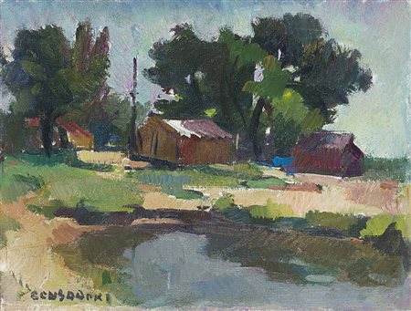 Silvio Consadori (Brescia 1909 - Burano 1994)"I casoni a Grado" 1980olio su...