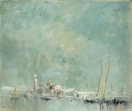 Angiolo Alebardi (Seriate 1883 - Bergamo 1969)"Laguna veneta con la chiesa di...