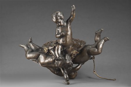 Maestro lombardo del XIX Secolo"Putti"scultura in bronzo montata a lampadario...