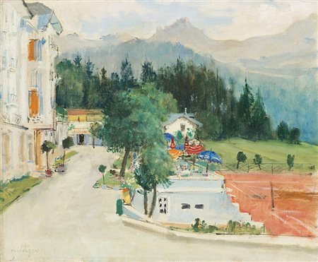 Ideo Pantaleoni (Legnago 1904 - Milano 1993)"Scorcio con case e campo da...