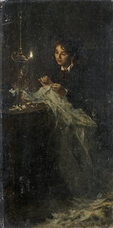 Maestro del XIX Secolo"La ricamatrice" olio su tela applicata a tela (cm...