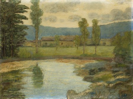 Giuseppe Sacheri (Genova 1863 - Pianfei 1950)"Paesaggio con specchio d'acqua...