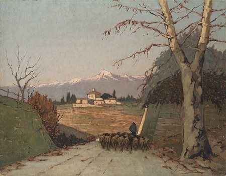 Giovanni Lomi (Livorno 1889 - 1969)"Sulla via del ritorno"olio su tela (cm...
