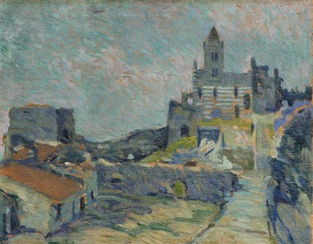 Aroldo Bonzagni (Cento 1887 - Milano 1918)"Scorcio di paese con chiesa sullo...