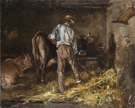 Pompeo Mariani (Monza 1857 - Bordighera 1927)"Nella stalla" 1880olio su tela...