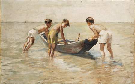 Alessandro Pomi (Mestre 1890 - Venezia 1976)"In riva al mare"olio su masonite...