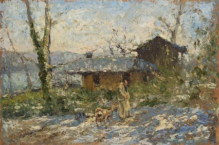 Leonardo Bazzaro (Milano 1853 - 1937)"Romitaggio"olio su compensato (cm...