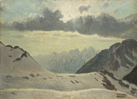 Cesare Maggi (Roma 1881 - Torino 1961)"Cime innevate"olio su tela applicata a...