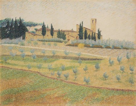 Camillo Innocenti (Roma 1871 - 1961)"Paesaggio toscano"pastelli colorati (cm...