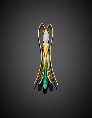 Broche a guisa di libellula in oro giallo e bianco con diamanti e smalti...