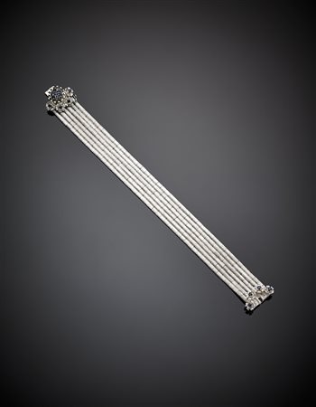 Bracciale a sei fili, in oro bianco cesellato, zaffiri sulla chiusura, g...