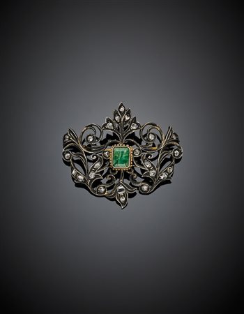 Spilla floreale in oro giallo, argento smeraldo e diamanti, g 8,18, lungh. cm...