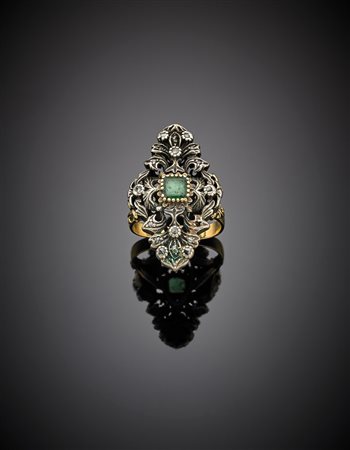 Anello oro giallo e argento diamanti e smeraldi, g 12,49 misura 11/51.Yellow...