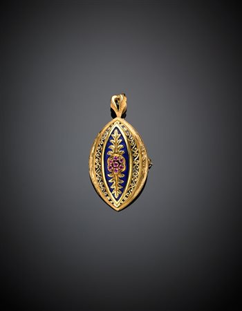 Spilla/ pendente in oro giallo con smalto blu e rubini al centro, g 8,46,...