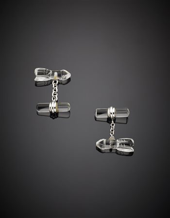 Gemelli "Sogno erotico" in oro bianco e quarzo ialino, g 7,13.White gold...