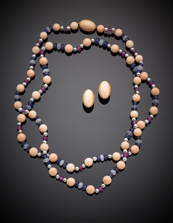Lotto composto da collana fantasia con corallo rosa, tormaline, perle grigie,...