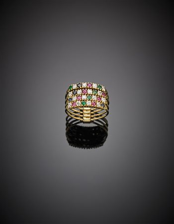 Anello a quattro fedine in oro giallo con diamanti, rubini, zaffiri e...