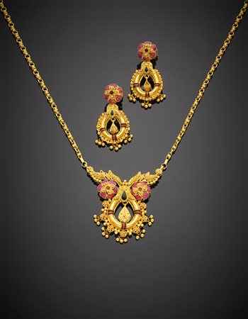 Demi-parure "cambogiana" in oro giallo 833/1000 e smalti rosa, rossi e verdi...