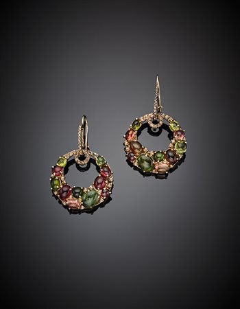 Orecchini pendenti in oro rosa con diamanti e tormaline cabochon, g 19,76,...