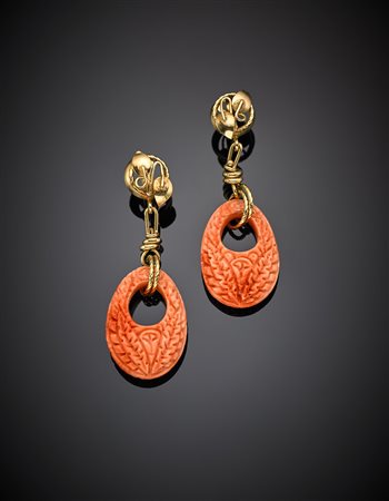 Orecchini pendenti in oro giallo con corallo scolpito rosa arancione g 21,30,...