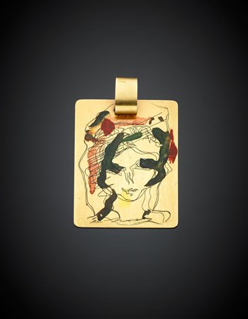 ERNESTO TRECCANIMedaglia rettangolare in oro giallo con disegno di viso di...