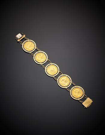 Bracciale in oro giallo con cinque monete in oro Italiane, g 56,21, lungh. cm...