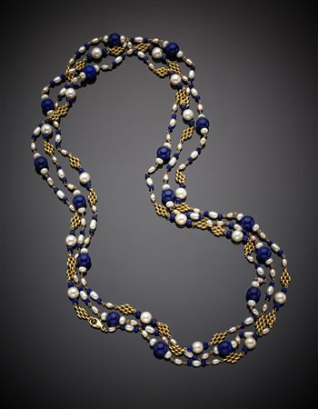 Collana lunga con losanghe articolate in oro giallo, perle e lapis, g 132,98,...