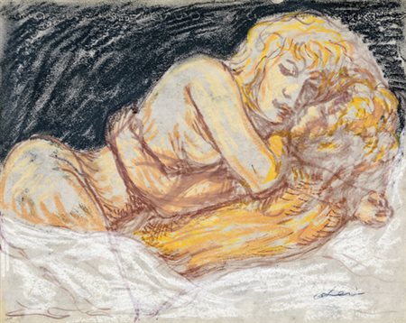 Carlo Levi, AMANTI ABBRACCIATI Disegno tecnica mista su carta applicata su...