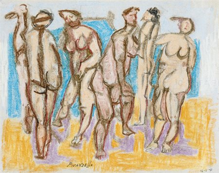 Anonimo , I BAGNANTI Pastello su carta, cm 22x28 Firmato "Pirandello" in...