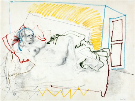 Ugo Attardi, DONNA DISTESA SUL LETTO Tecnica mista su carta, cm 50x65Firmato...