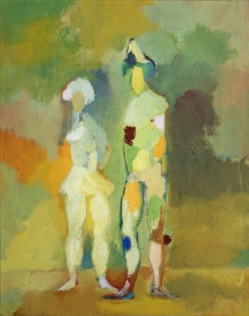 Antonio Vangelli, ARLECCHINO E COLOMBINA Olio su tela cm 50x40 Firmato sul...