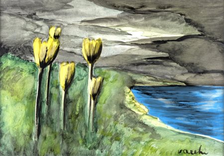 Sergio Vacchi, TULIPANI Olio e tempera su carta, cm 50x70Firmato in basso a...