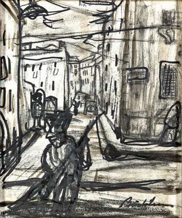 Luigi Bartolini, SCORCIO CITTADINO Matita grassa e acquarello su carta, cm...