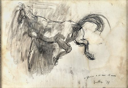Renato Guttuso, CAVALLO Tecnica mista su carta, cm 17x24,5. Firma e dedica in...