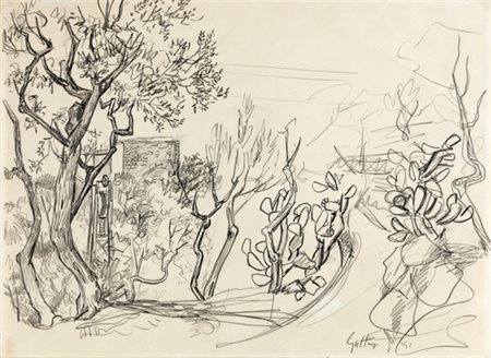 Renato Guttuso, PAESAGGIO MERIDIONALE Disegno a matita su carta, cm...