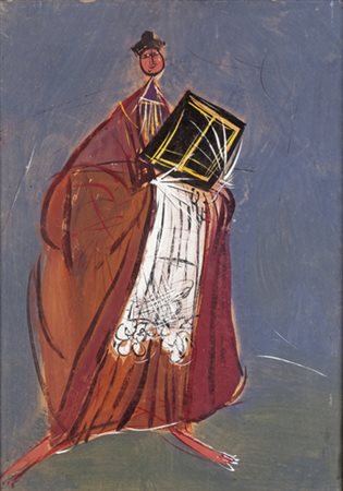 Luigi Spazzapan, CARDINALE Tecnica mista su tavola, cm 68x48, Timbro sul...