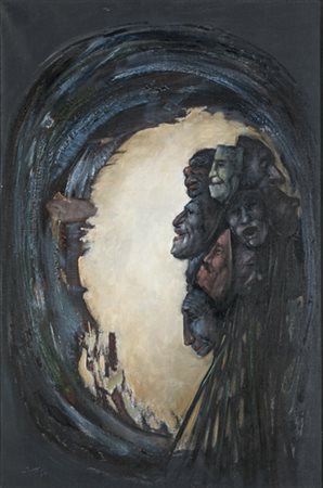 Mario Russo, MASCHERE DIETRO LE QUINTE Olio su tela, 90 x 60 cmOpera eseguita...