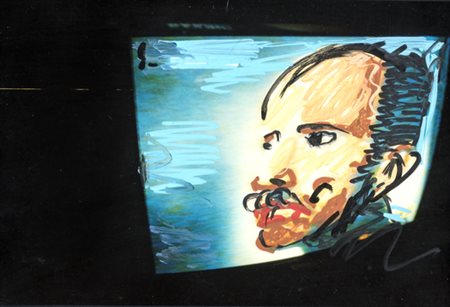 Mario Schifano, Senza Titolo Tecnica mista su foto, cm 13x18. Firma...