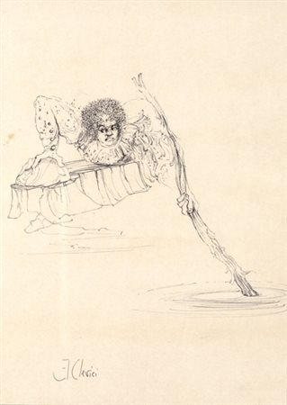 Fabrizio Clerici, FERRAÙ CERCA L'ELMO NEL FIUME Penna su cartoncino, cm...