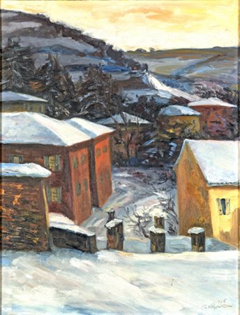 Aldo Borgonzoni, PAESAGGIO INVERNALE Olio su tela, cm 85x65,5Firma e data...