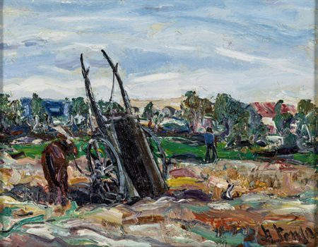 Alessandro Poma, PAESAGGIO RURALE Olio su masonite, cm 22,5x28,5Firma in...